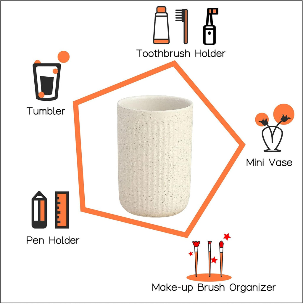 2 Pack Beige Speckled Ceramic Toothbrush Holder, Rippled Cylinder Tumbler for Bathroom Countertop, Makeup Brush Holder, Pen Organizer, Multipurpose Bathroom Accessory