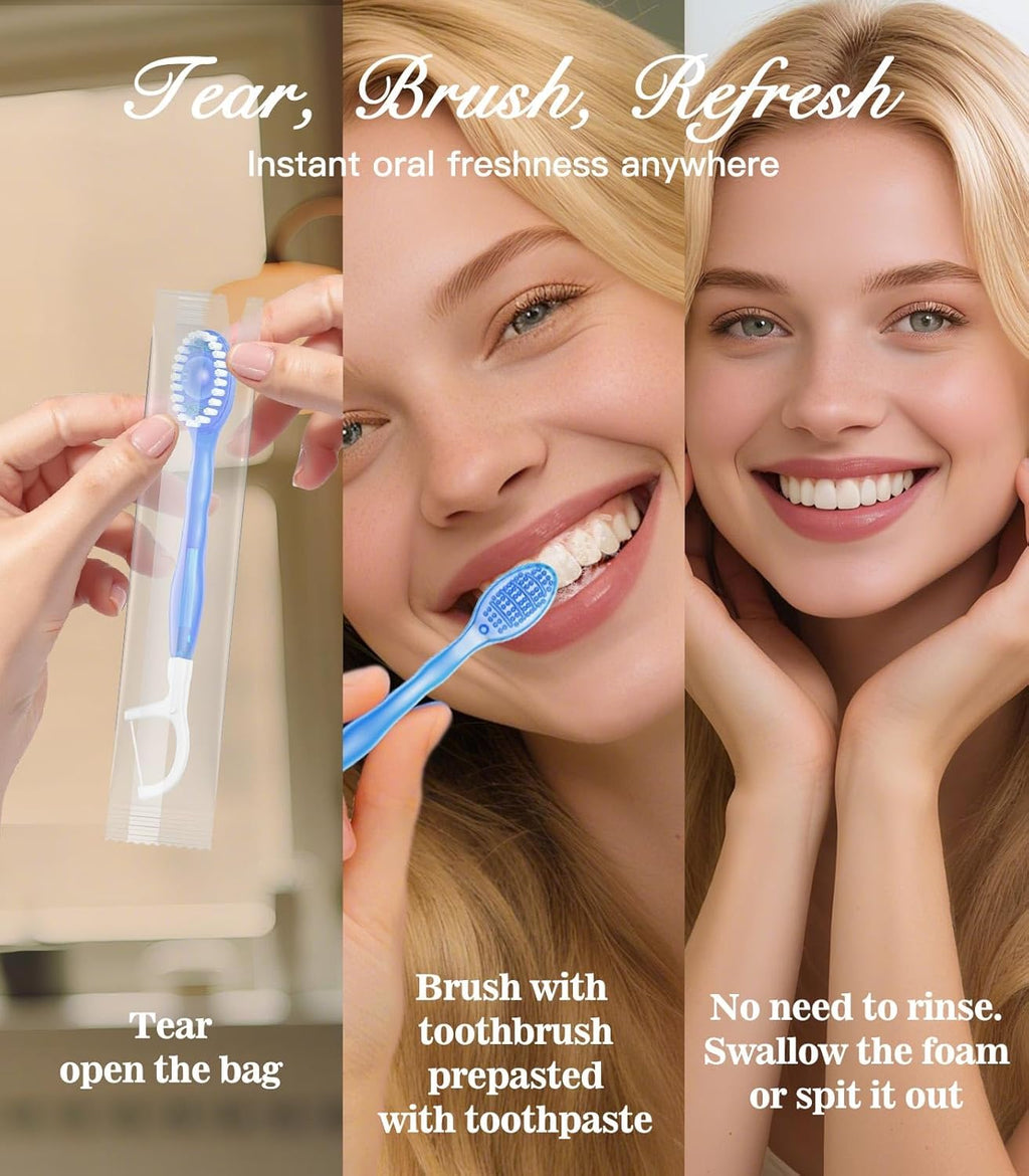 24 Pack 5 in 1 Disposable Mini Toothbrushes with Toothpaste, Floss, Pick & Tongue Scraper, Individually Wrapped, Portable Toothbrush Travel Set for Kids Adults, Mint Flavor