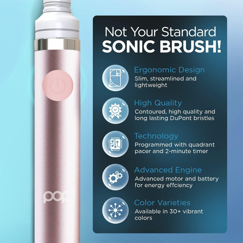 2-Pack Pop Sonic Electric Toothbrush (Metallic Rose) - Travel Toothbrushes w/AAA Battery | Kids Electric Toothbrushes with 2 Speed & 15,000-30,000 Strokes/Minute, Dupont Nylon Bristles