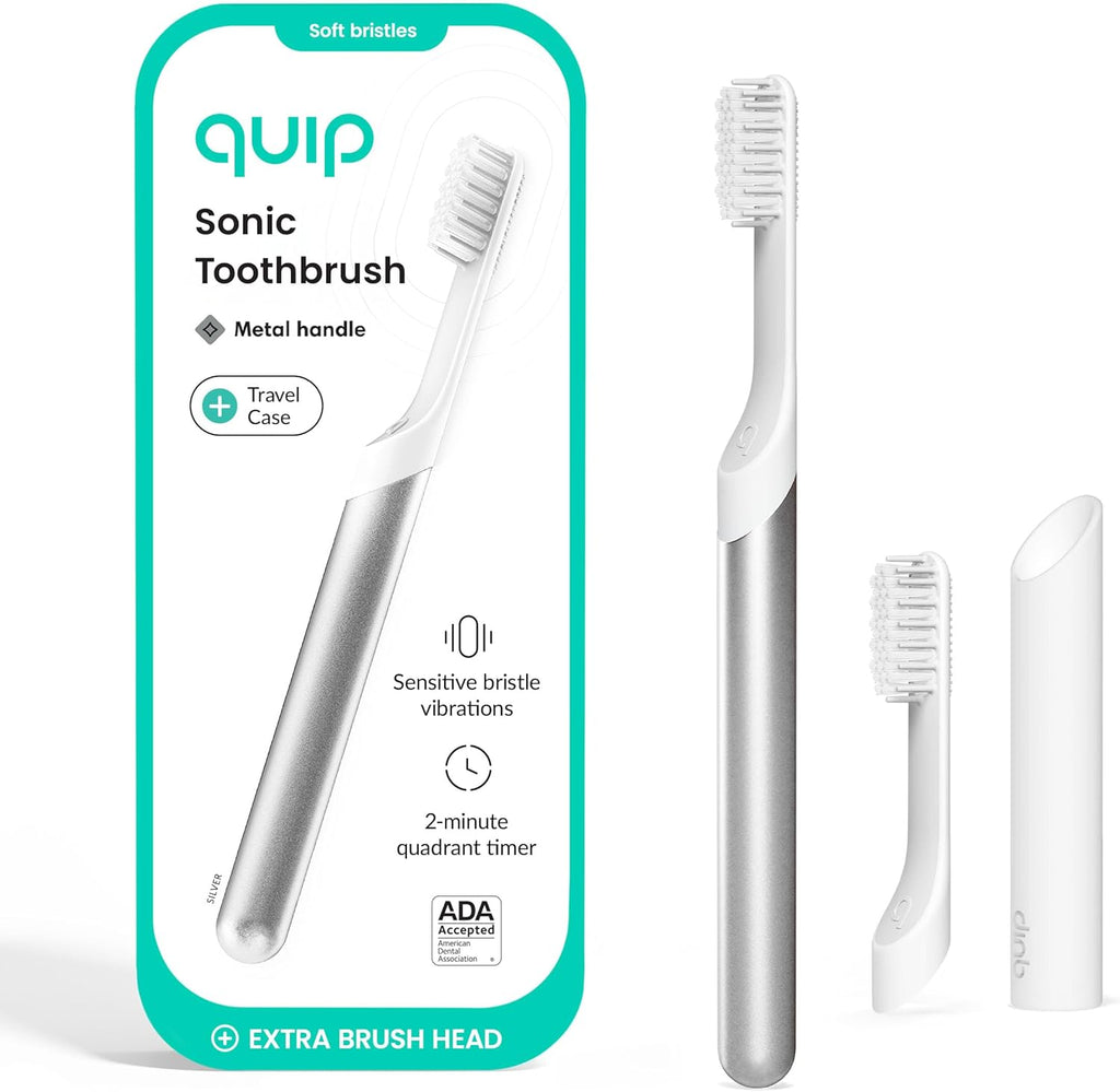 Quip Metal Sonic Electric Toothbrush for Adults - Time Travel & Soft Bristles with Travel Case & Replacement Brush Head - 3 Month Battery Life - Silver