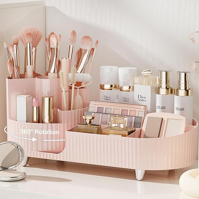 Pink Rotating Vanity Organizer with Brush Holder - Large Spinning Cosmetic Storage, Countertop Makeup & Skincare Organizer, Perfume & Lotions Display Case