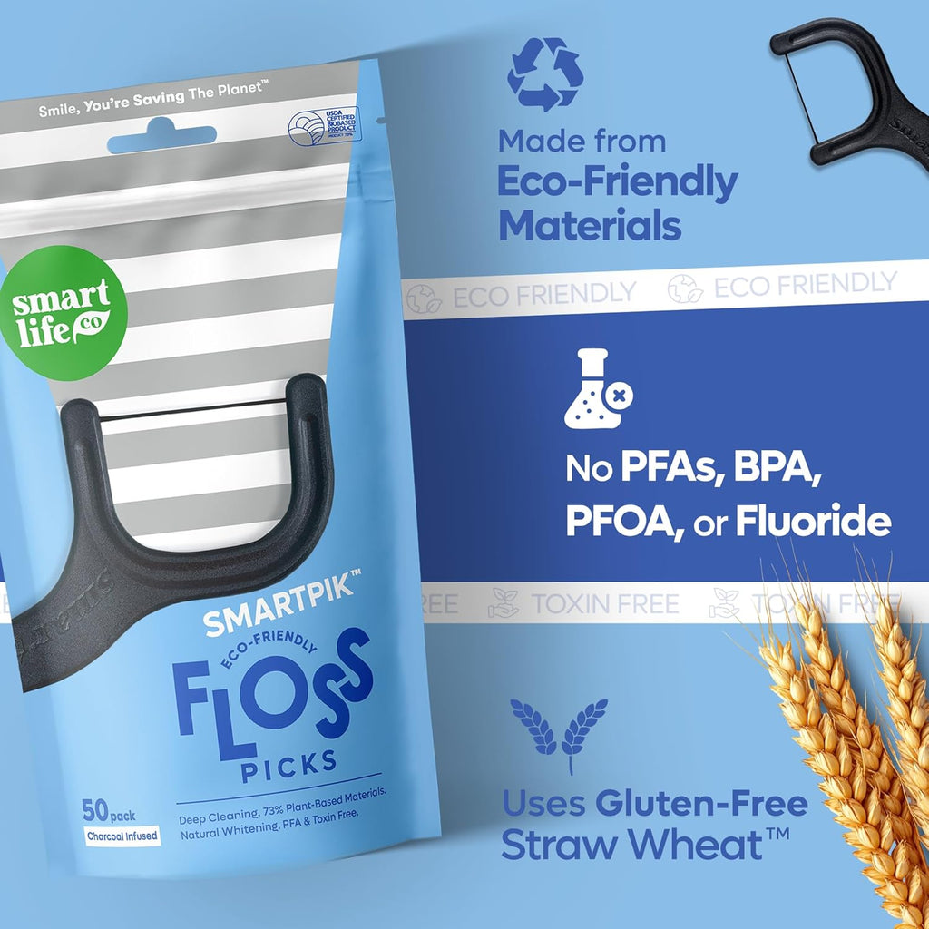 SmartLifeco Eco-Friendly Dental Floss Picks (100ct) - Flossers Made with Straw Wheat Blend, Natural Teeth Whitening, Tooth Pick Stick for Adults, Soft on Gums, Activated Bamboo Charcoal Floss Thread