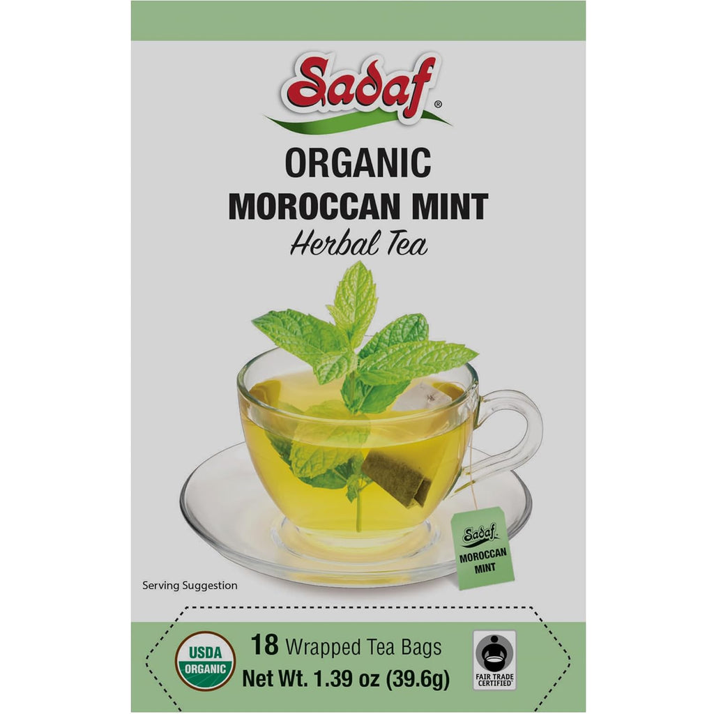 Sadaf Organic Moroccan Mint Tea - Mint Tea Bags - Ideal for Hot or Iced Tea - Organic Herbal Tea - Kosher - 18 Wrapped Tea Bags
