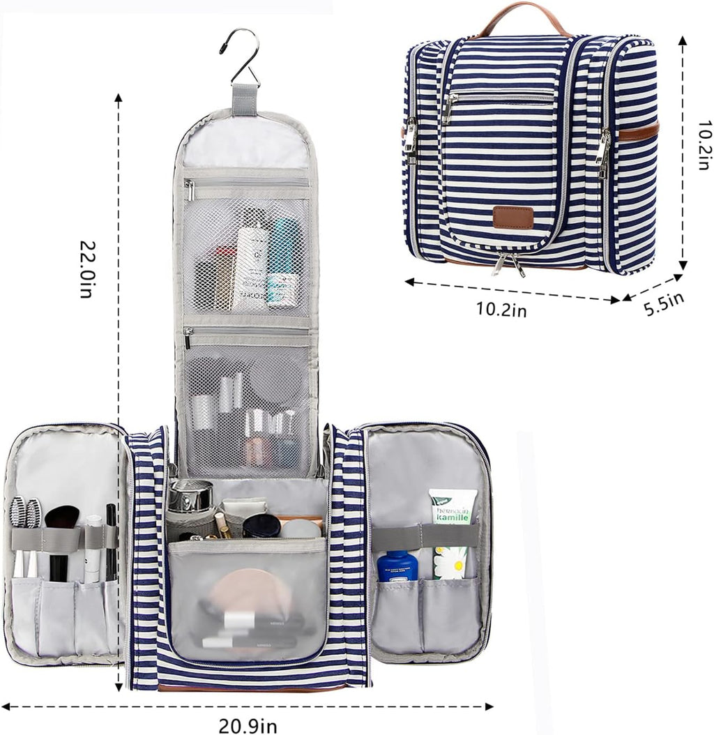 Pearl Angeli Hanging Toiletry Bag for Women, Large Makeup Cosmetic Bag, Water Resistant Toiletries Travel Essentials Organizer, Full-size Container, Navy-striped