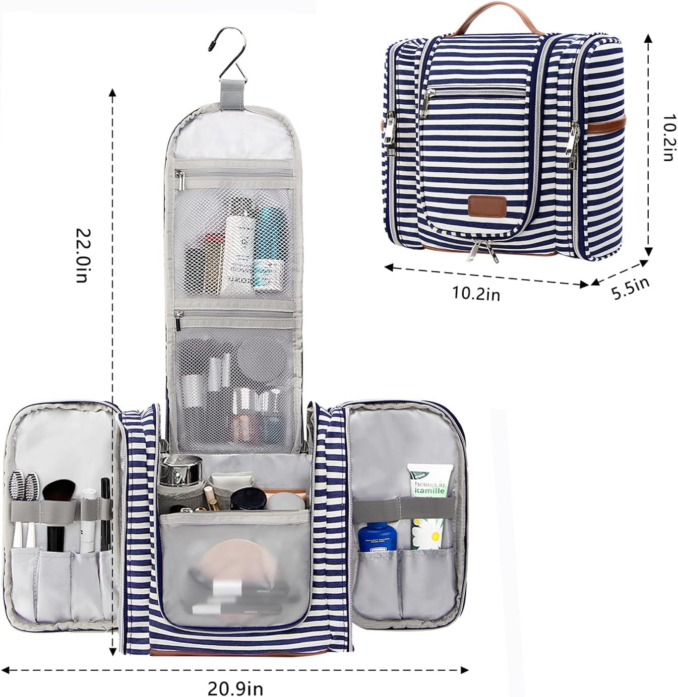 Pearl Angeli Hanging Toiletry Bag for Women, Large Makeup Cosmetic Bag, Water Resistant Toiletries Travel Essentials Organizer, Full-size Container, Navy-striped