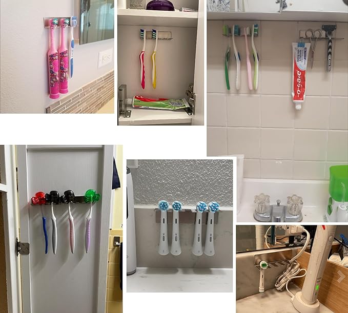 Wall Mounted Toothbrush Holder, Stainless Steel Toothbrush Holder with Self-Adhesive No Drilling Toothbrush Organizer, Bathroom Mounted Holder for Toothbrush Head, Washroom Razor Holder