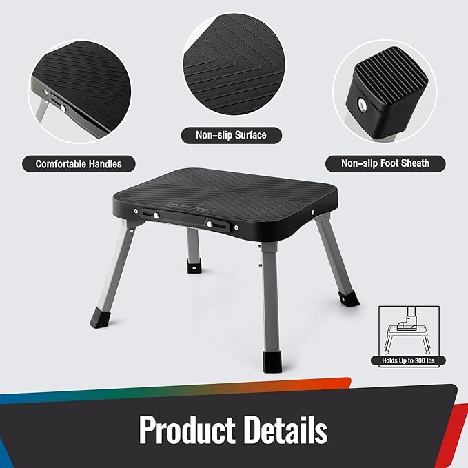 11" Folding Step Stool, Non-Slip 16x12 Large Platform, Portable Compact Sturdy 1-Step Stools for Kids Adults Seniors at Indoor Outdoor - Durable & Safe (11 inch, Black)