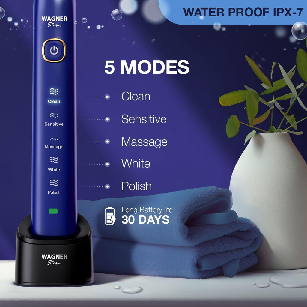 Wagner Stern The Sapphire Blue Edition ultrasonic whitening Electric Toothbrush Features Five Brushing Modes, Eight Soft Brush Heads, and a Premium Travel case.