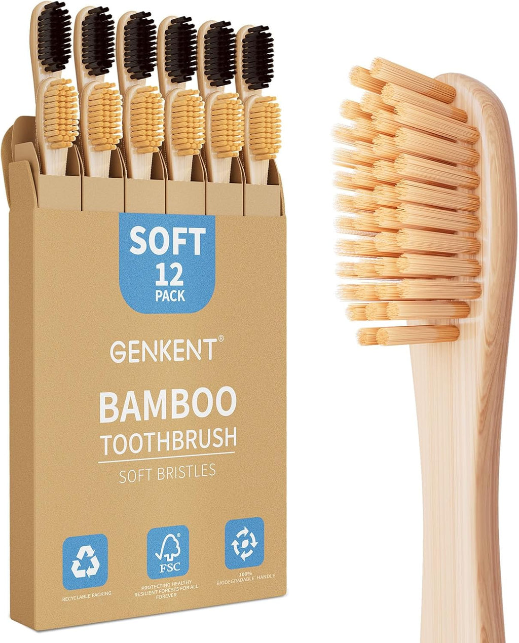 GENKENT Bamboo Toothbrushes 12 Pack Natural Toothbrushes BPA Free Soft Bristles Toothbrush Eco Friendly Charcoal Toothbrush for Travel