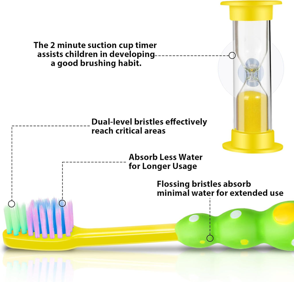 Kids Toothbrush, Toddler Toothbrush Age 2-4 and Older, with Suction Timer, Children Sized Brush Heads (3-10 Year Old), Flossing Bristles, Pack of 4