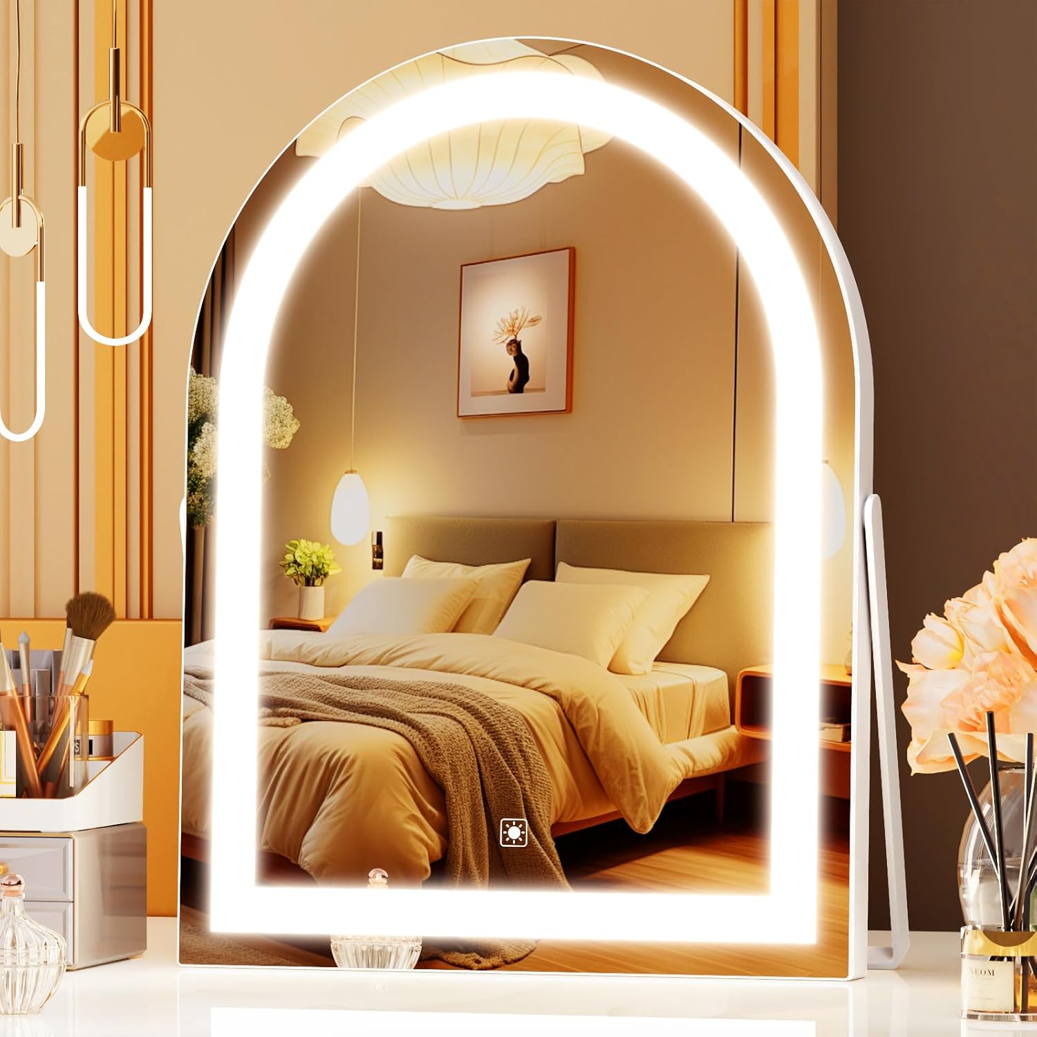 Vanity Mirror with Lights, 16" Light Up Makeup Mirror, LED Makeup Mirror with Lights for Bedroom Tabletop, Smart Touch Control 3 Colors Dimmable, 360° Rotation