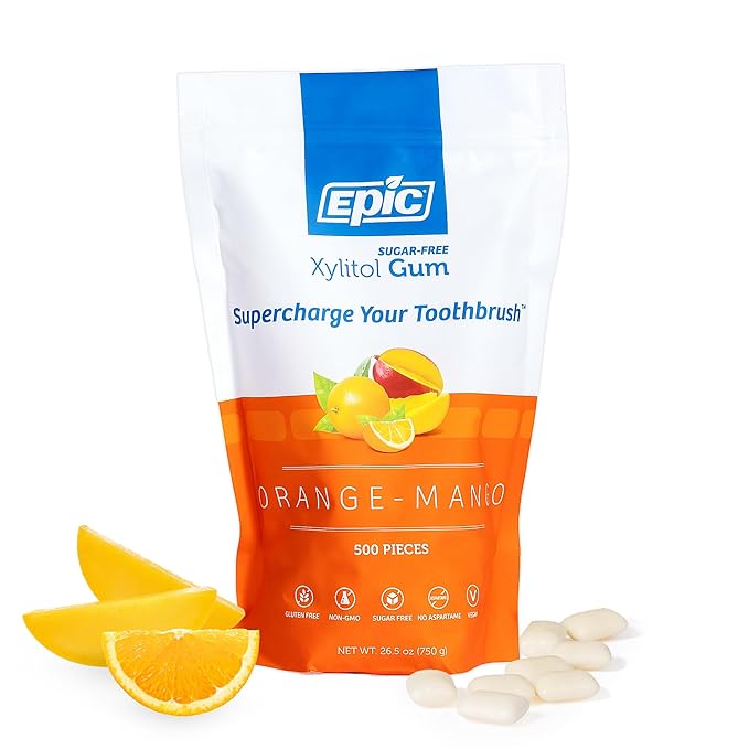 Epic Dental Sugar Free Oral Care Set – 500-Piece Orange Mango Gum, 550 Fruit Mints, 2 Tubes Spearmint Fluoride Toothpaste – Aspartame Free, Dentist Approved, Helps with Dry Mouth & Cavity Care