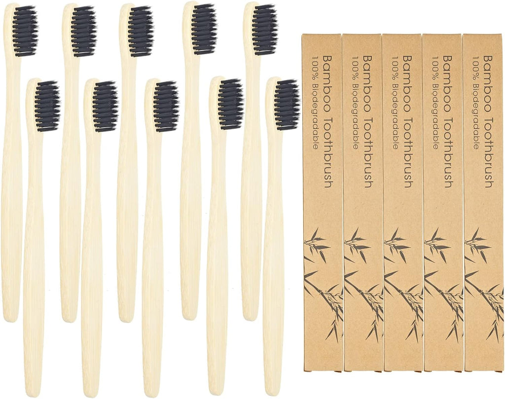 SEVENHEAD 10 PCS Bamboo Toothbrushes Soft Bristles Wooden Toothbrushes for Adult, Natural Biodegradable BPA Free Eco Friendly Toothbrushes Black