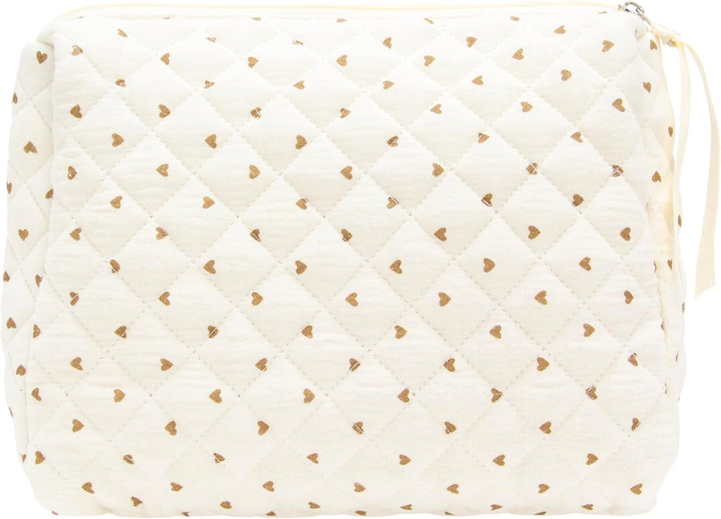 PAZIMIIK Quilted Makeup Bag Large Travel Zipper Soft Cosmetic Pouch for Women Girls Make Up,Gauze Heart Coffee