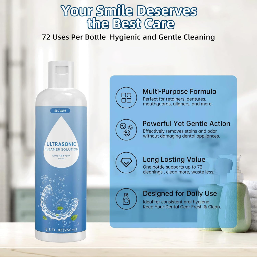 Bcom Ultrasonic Retainer Cleaner Solution, Jewelry Cleaner Solution Deep Clean for Retainer, Mouthguards, Night Guards, Aligners and Jewelry Ring, Odor Stain Remover for Ultrasonic Machines (8.5 oz)