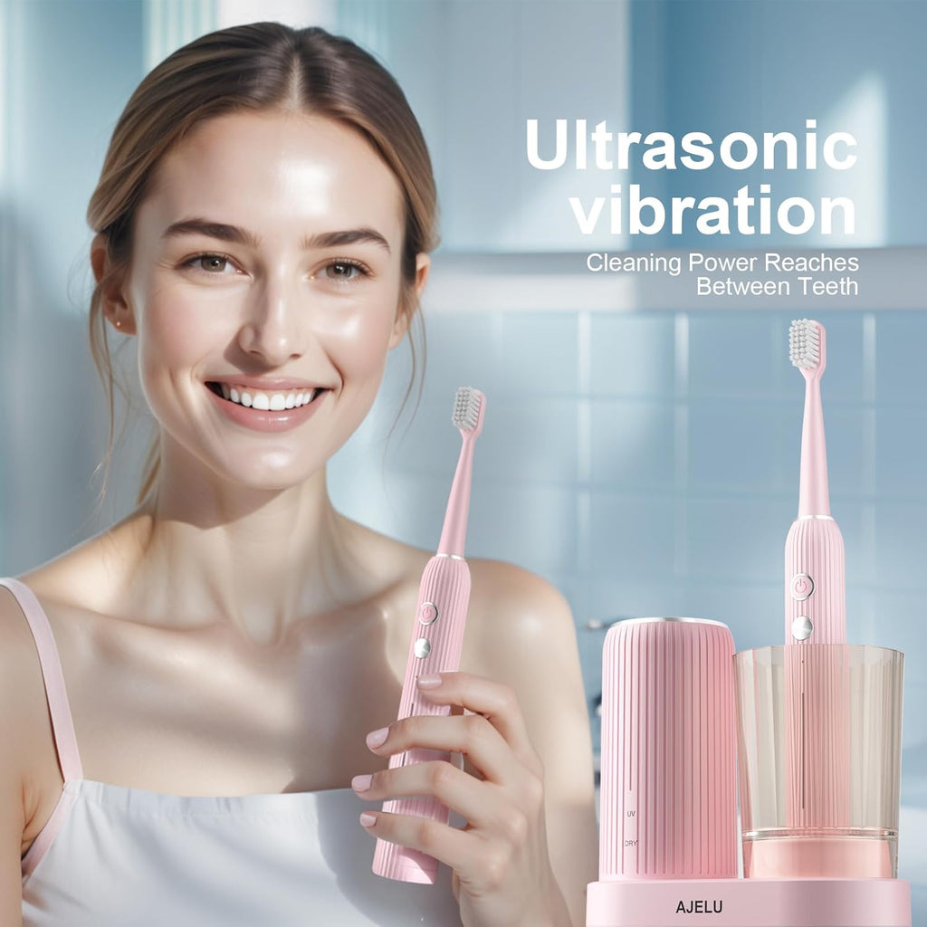 Electric Toothbrush Set for Women with UV Light Drying Holder, 8 Brush Heads, Smart Timer, USB Rechargeable – Soft Pink Edition