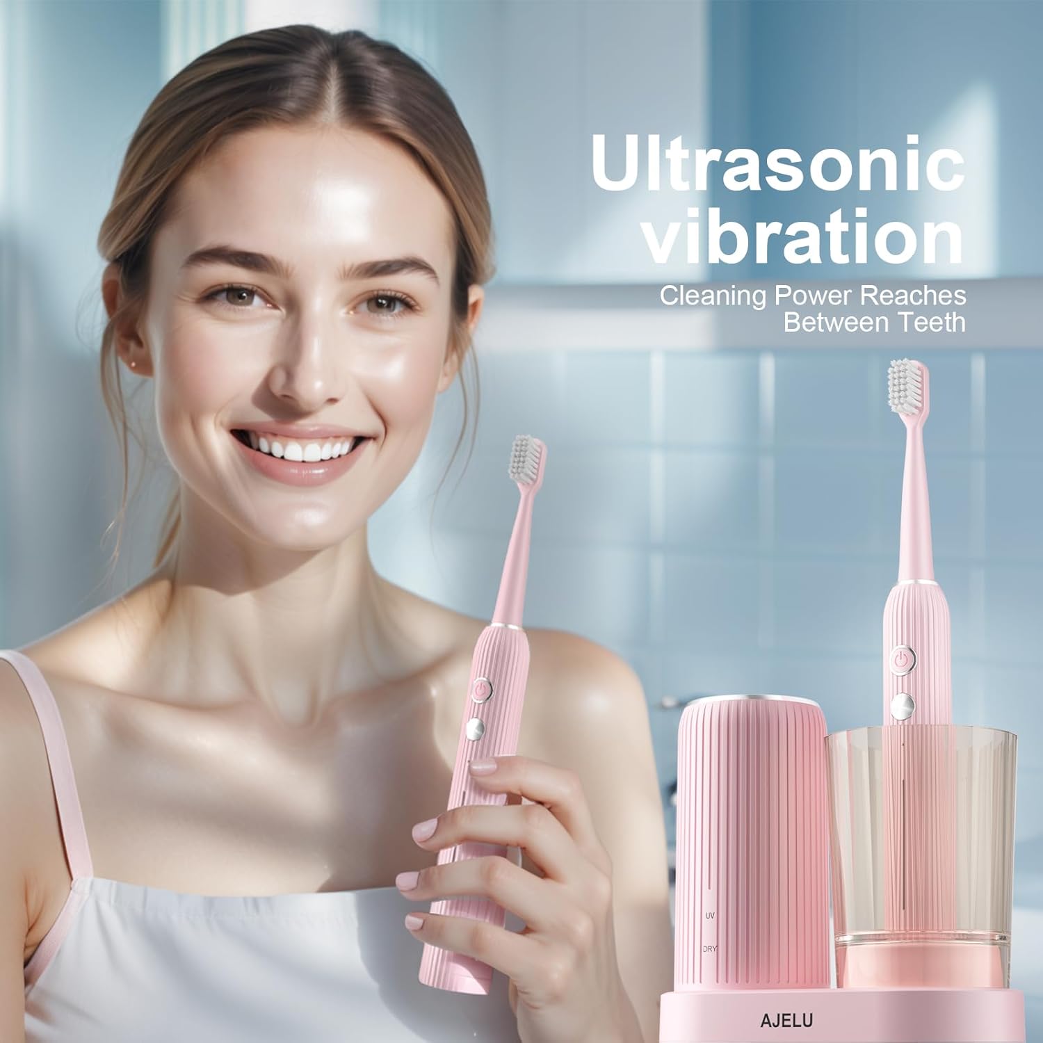 Electric Toothbrush Set for Women with UV Light Drying Holder, 8 Brush Heads, Smart Timer, USB Rechargeable – Soft Pink Edition
