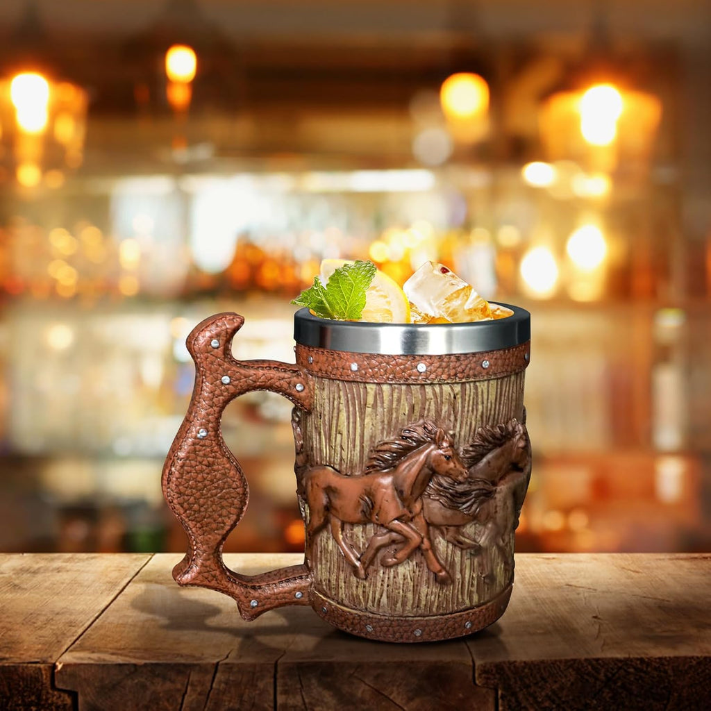 Wooden Barrel Beer Mug, 20oz Stainless Steel Horse Mug Coffee Cup Horses Gifts for Women Men Gift for Birthday Christmas, Gothic Decor Party Decoration Drinkware Gift