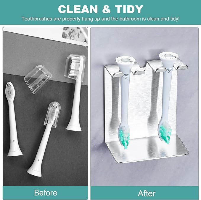 Electric Toothbrush Head Holder, Tooth Brushing Holder, Wall Mounted Toothbrush Holders Shower Bathroom, Self Adhesive or Desktop Tooth Brush Holder Organiser (Silver, Small)