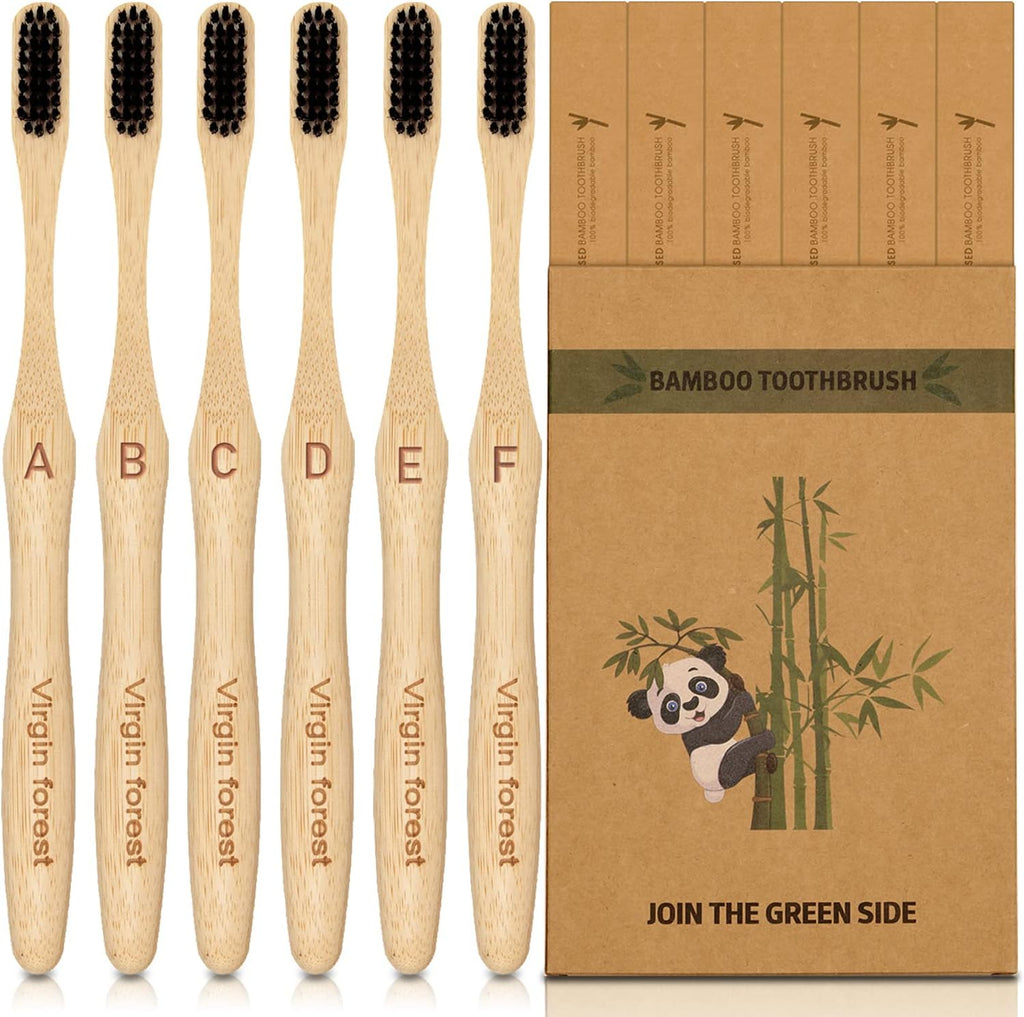 Virgin Forest Bamboo Toothbrush, Biodegradable Bamboo Charcoal Toothbrushes, Natural Eco Friendly Wooden Toothbrush 6-Pack