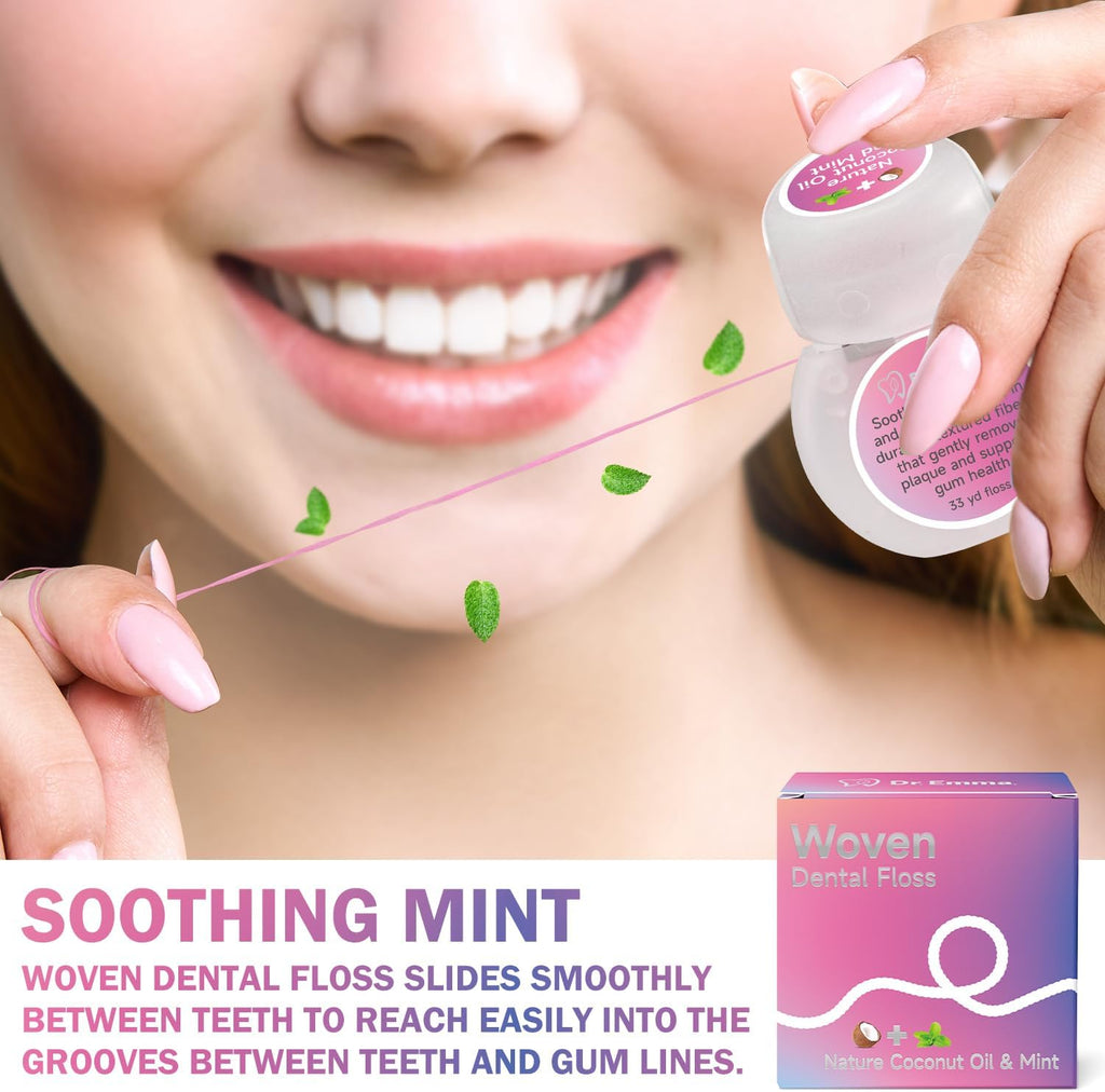 Dr. Emma Woven Dental Floss Coconut Oil Infused Expanding Dental Floss, Oral Care Stretchable Floss, Mint 33yd Pink, Pack of 2