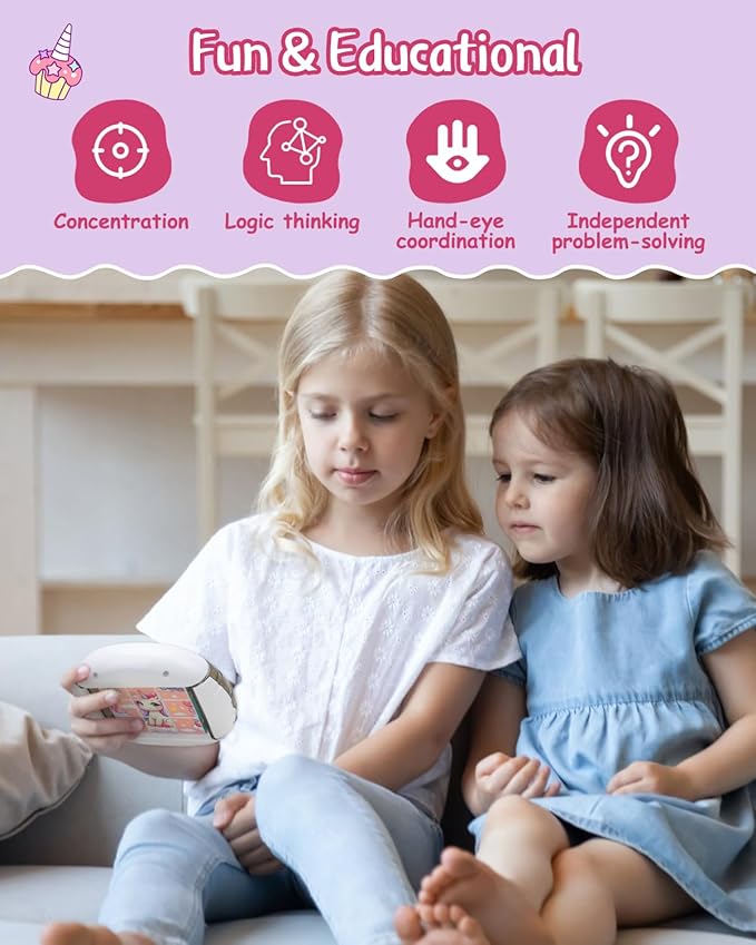 Rotating 3D Puzzle for Kids 3 4 5 6 7 Year Old, 4 Puzzles in 1, Handheld Game Fidget Toys for Travel, Cars & Plane, Fine Motor Skills Developing (Magical Unicorn Squad)