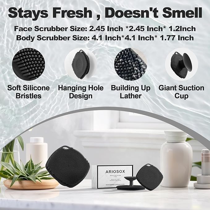 2 Pack Face Scrubbers, Silicone Face Scrubber Soft Bristles, Gentle Lather, Exfoliating & Deep Cleaning for Sensitive Skin, Giant Suction Cup Stick Securely, Easy to Store (Black)