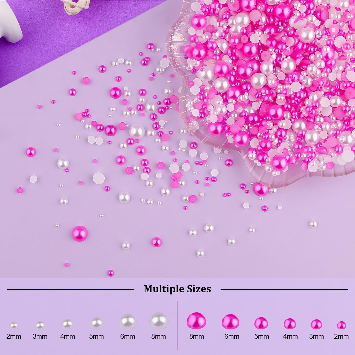 2 Boxes Flat Back Pearls Kit 9 2-8mm Flatback White&Rose Red Half Round Pearls with Pickup Pencil and Tweezer for Home DIY and Nail Art, Face Makeup and Craft