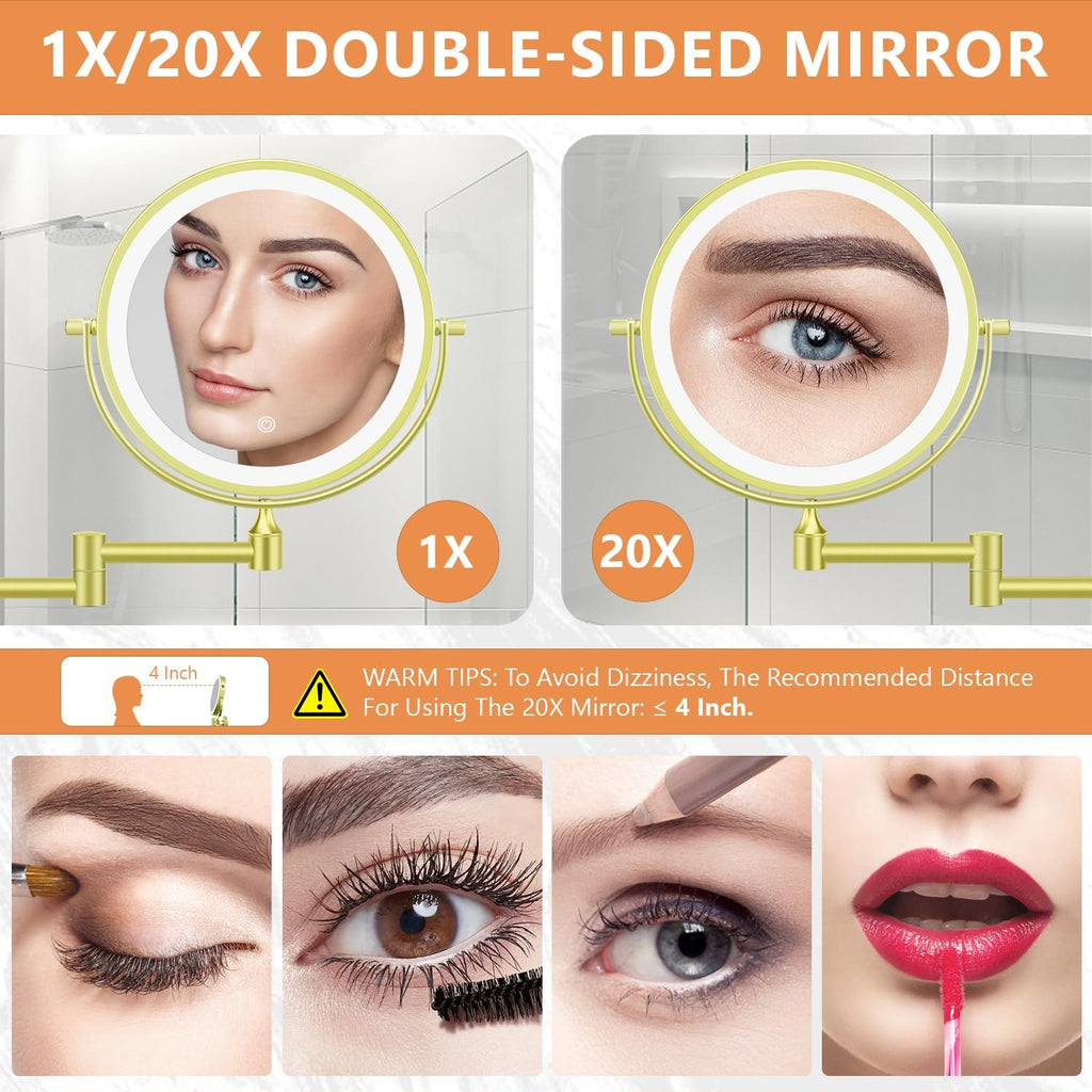 1X/20X Wall Mounted Makeup Mirror with Light, 8" Rechargeable Double-Sided Magnifying Mirror, Vanity Mirror Dimmable 3 Color Light, 360° Extension Rotation Foldable 14.5 Inch Arm for Bathroom