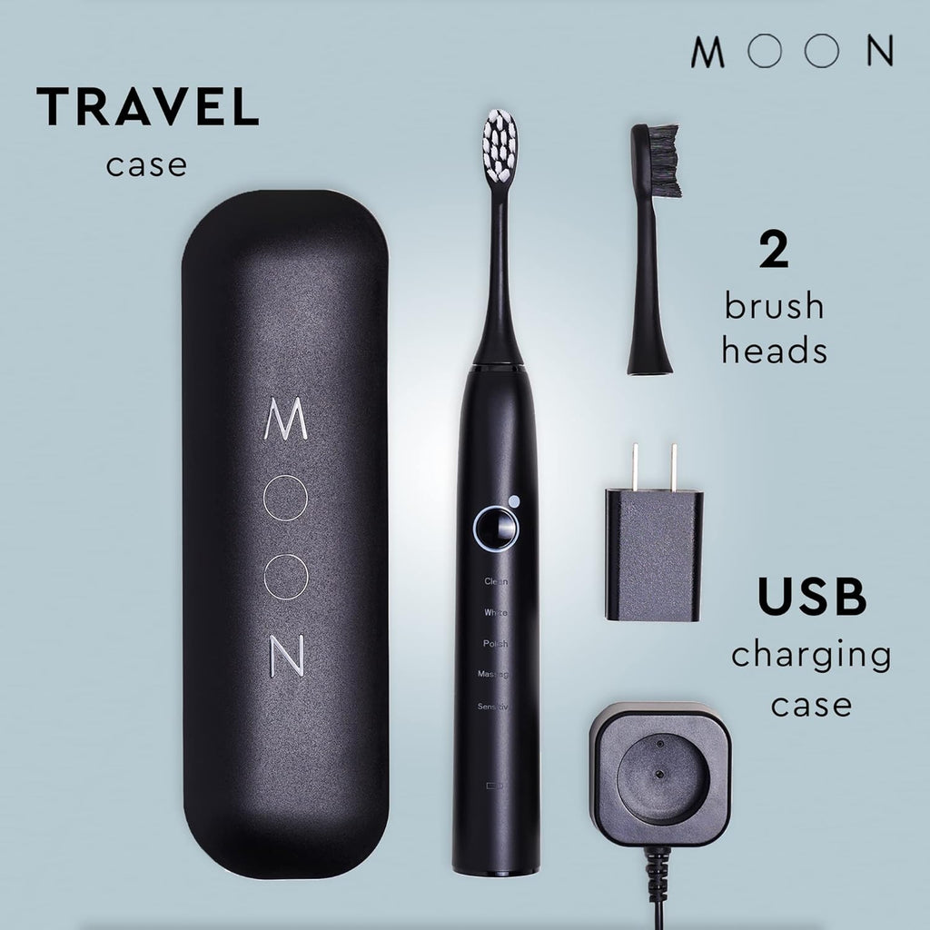 MOON Sonic Electric Toothbrush for Adults & Teens, Black, 5 Smart Modes, Clean, White, Massage, Polish & Sensitive, Rechargeable with Travel Case & 2 Brush Heads, Industry-Leading 6 Week Charge