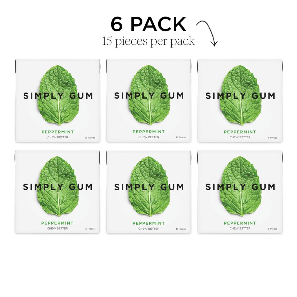 SIMPLY Gum Peppermint, Plastic-Free Natural Chewing Gum, 6 Pack (90 Pieces) | Vegan, Kosher, Non GMO, Aspartame Free and Sorbitol Free