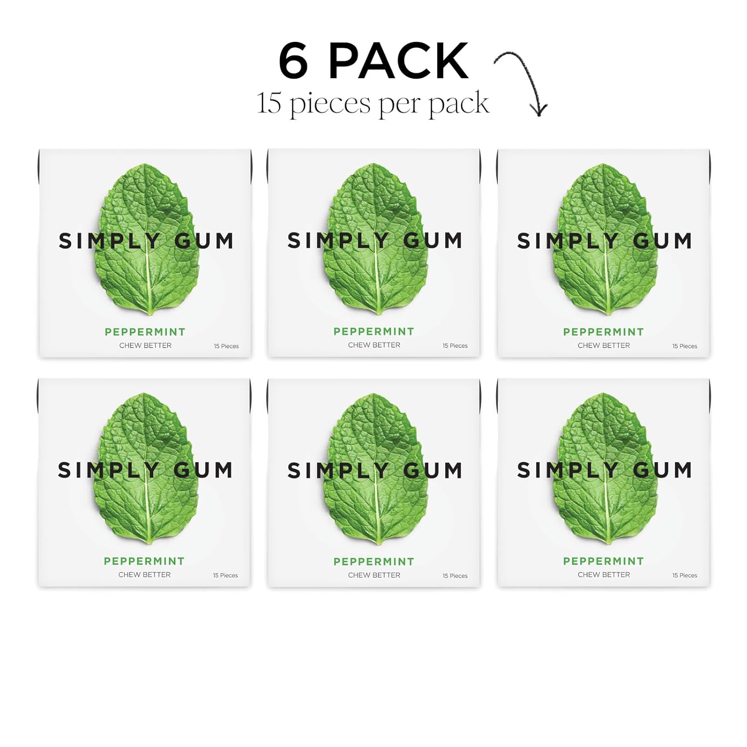 SIMPLY Gum Peppermint, Plastic-Free Natural Chewing Gum, 6 Pack (90 Pieces) | Vegan, Kosher, Non GMO, Aspartame Free and Sorbitol Free