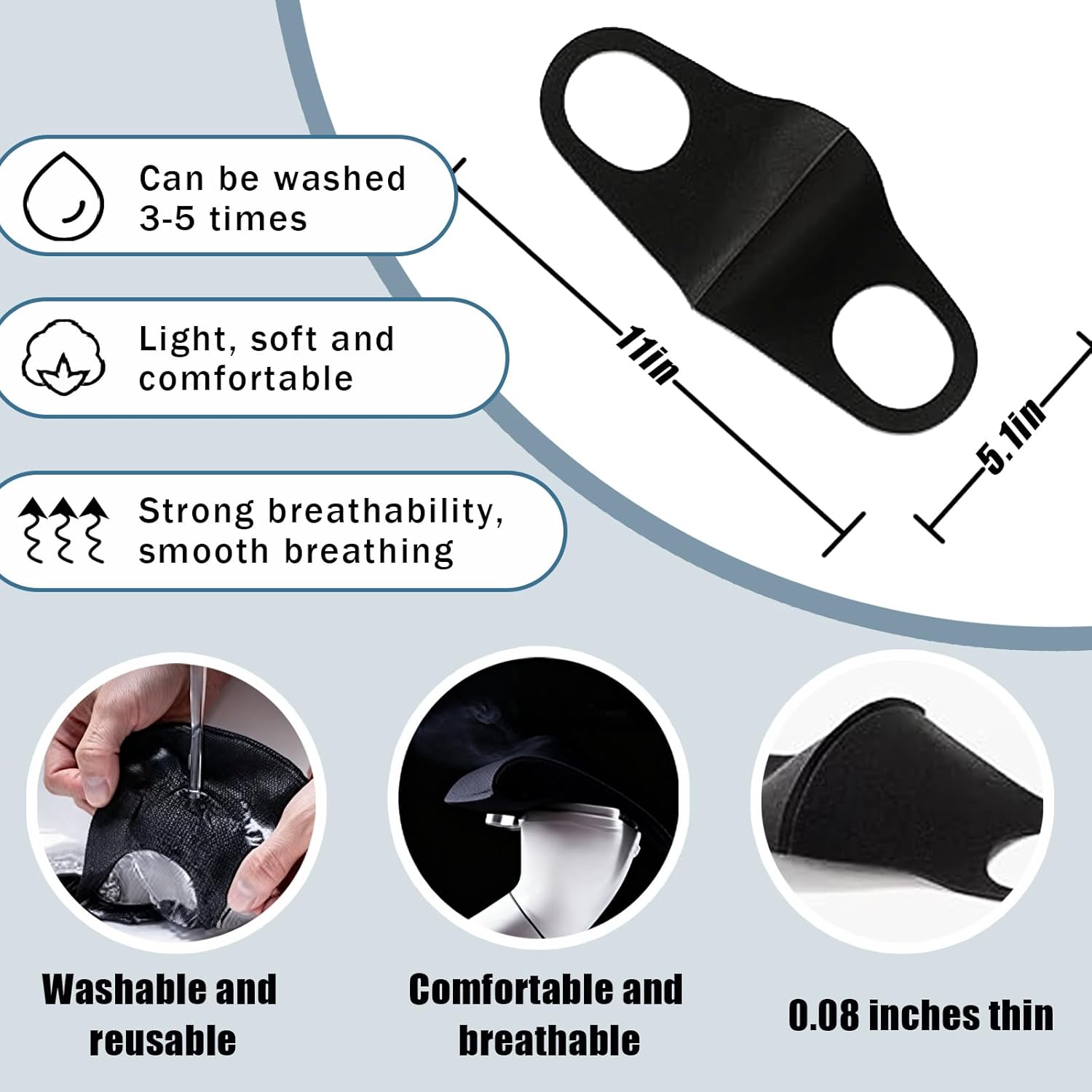 15PCS Reusable Face Mask, Black Face Masks Sponge Washable, Fabric Breathable, Skin-Friendly, Stylish and Versatile for Adult, Men and Women, Cloth Dust Protection for Outdoor, Travel, Sports