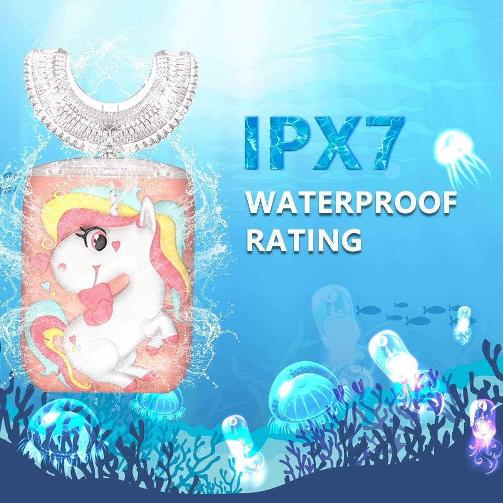 Kids Toothbrush Electric, U Shaped Ultrasonic Automatic Toothbrush with 2 Brush Heads, Six Cleaning Modes, Cartoon Modeling Design for Kids, Special for Birthday Gift (Pink, Kids 2-7)