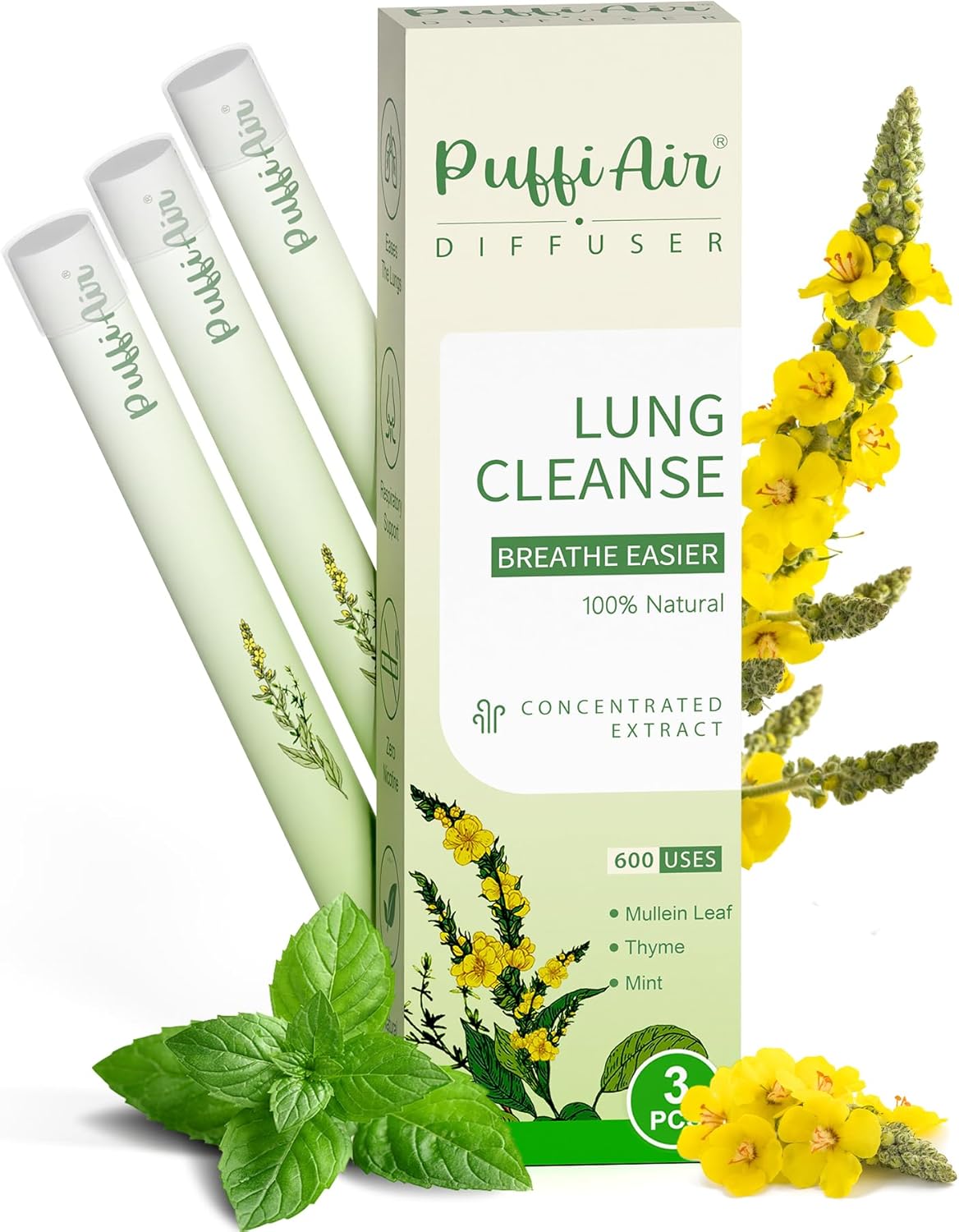 Herbal Diffuser Upgraded with Extracts of Mullein, Thyme and Mint for Cleansing Lungs, Improving Breathing and Oral Air Freshening - 3 Sticks, 1 Pack