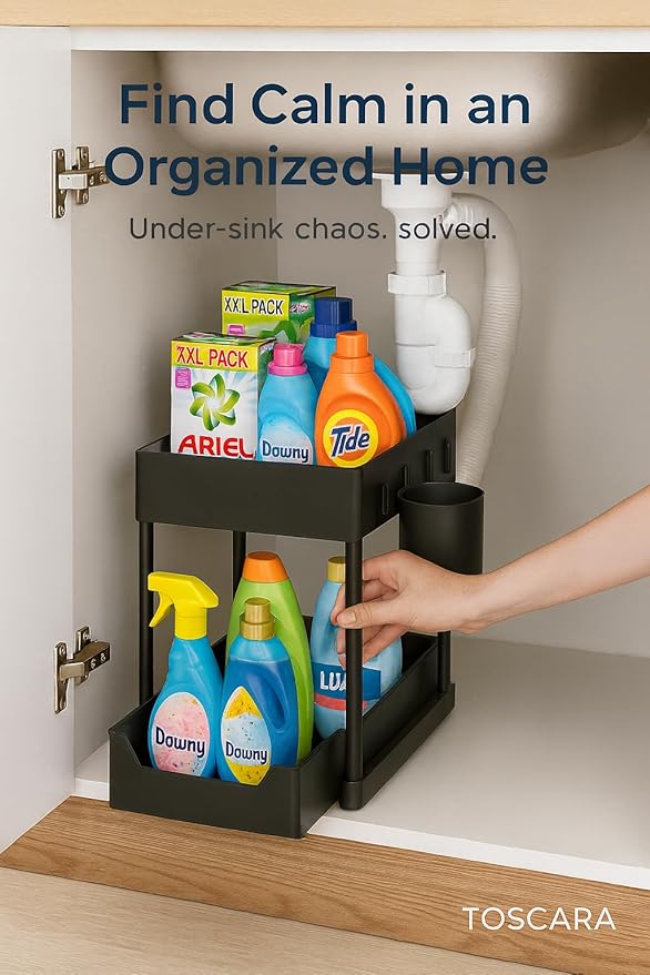 2-Tier Under Sink Organizer – Sliding Storage Rack with 4 Hooks & 1 Cup | Multi-Purpose Space Saving Shelf for Kitchen Cabinet, Countertop, Bathroom, Pantry & Office Organization, Black