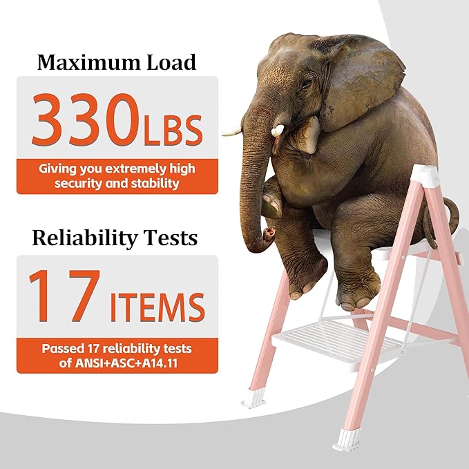 2 Step Ladder, Folding Step Stool with Anti-Slip Wide Pedal, Anti-Slip Feet, Sturdiest Steel Construction, Steel Ladder for Home and Office, Pink White