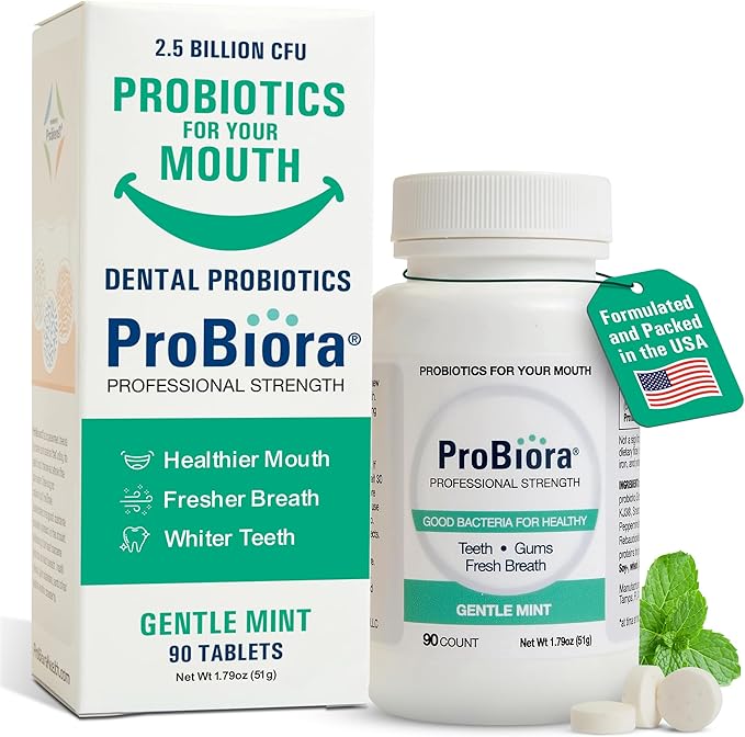 ProBiora Professional Strength Oral Probiotics for Teeth and Gums | Dental Probiotic for Oral Health | Bad Breath Treatment for Adults | Tooth Whitening | ProBiora3 Probiotic Blend | 90 Mint Tablets