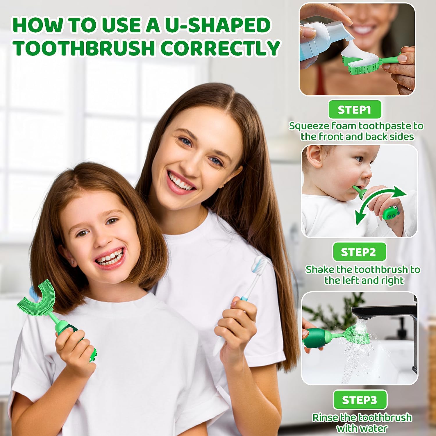 U-Shaped Toothbrush for Kids Ages 2-7， Soft Food-Grade Silicone for Sensitive Gums， 360° Teeth Cleaning Design，Training & Travel-Friendly Toddlers' Toothbrush (Green)