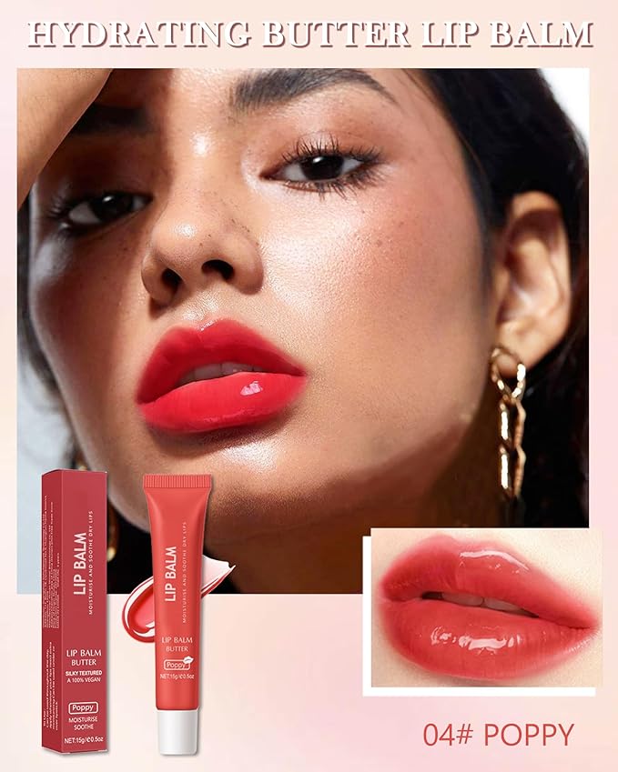 Lip Balm Butter Poppy, Hydrating Tinted Butter Lip Gloss,Clear Lip Mask Lip Care Moisturizer,Smooth Lip Treatment Balm,Jelly Yummy Glow Reviver Fat Lip Oil,Christmas Makeup Gift for Women-04