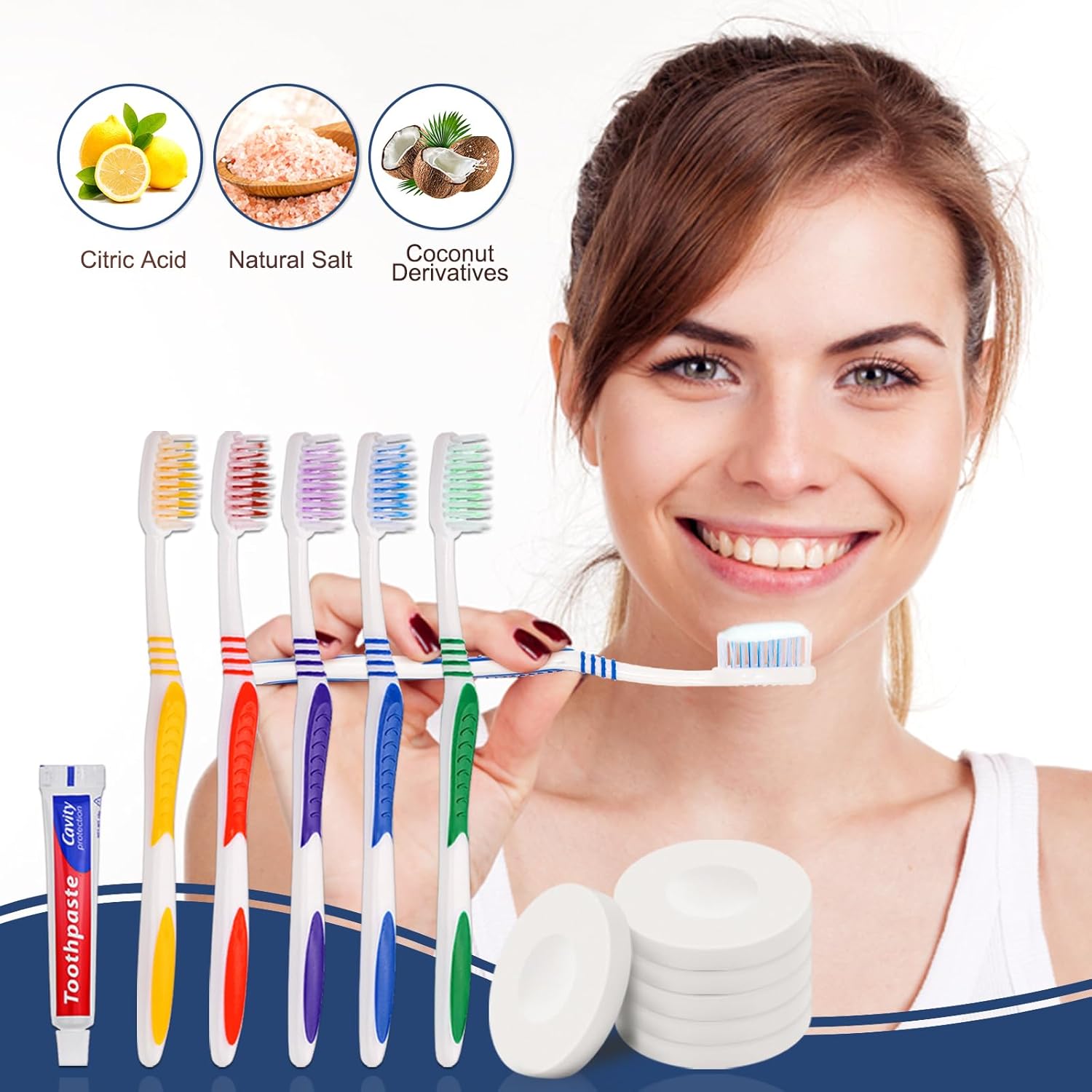 25 Set Disposable Toothbrushes with Toothpaste and Soap Individually Wrapped, 25 pcs Toothbrushes, 5 Colors with 25 pcs Bar Soap(0.5 oz)