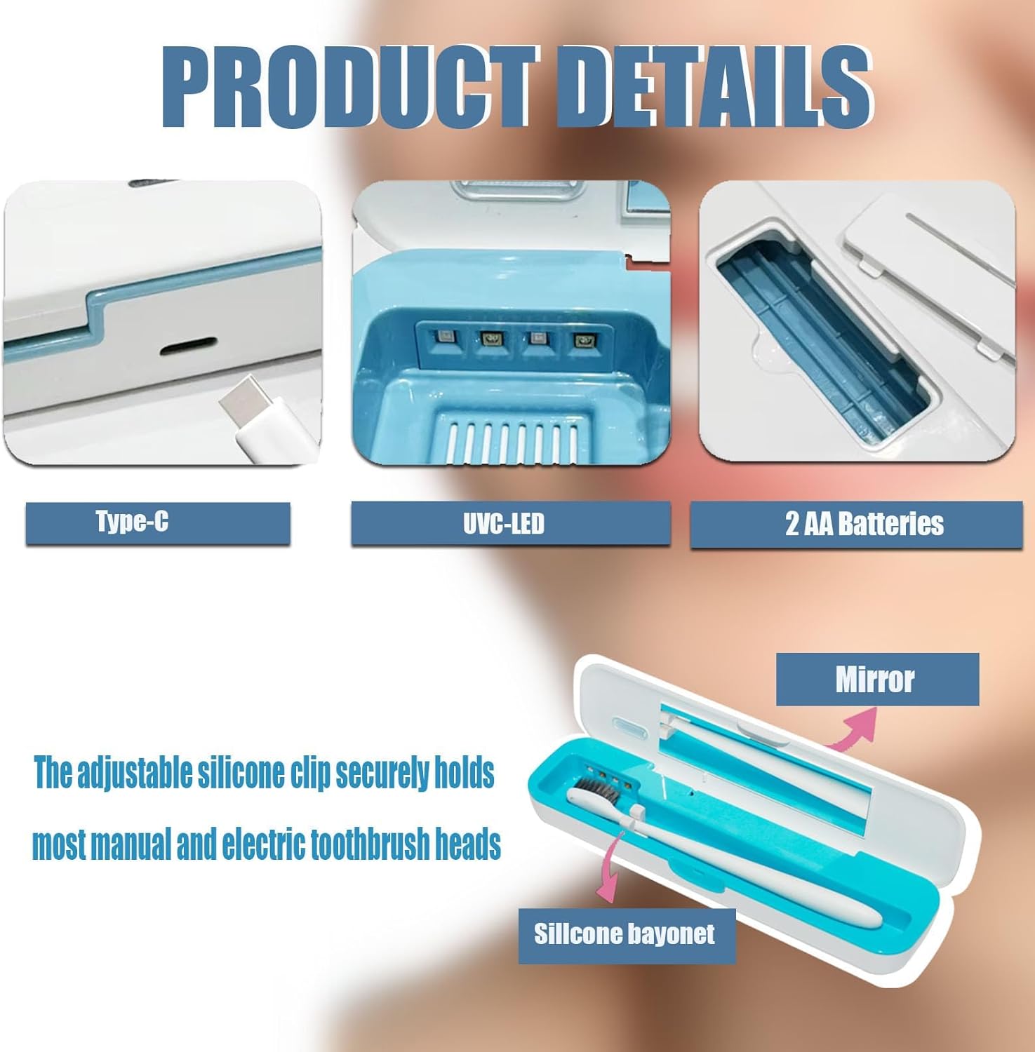 UV-C Toothbrush Case for Travel, Portable Toothbrush Case with Holder, USB-C or AA Battery Powered, Plastic Tooth Brush Container Cover for Household STB-062 Blue