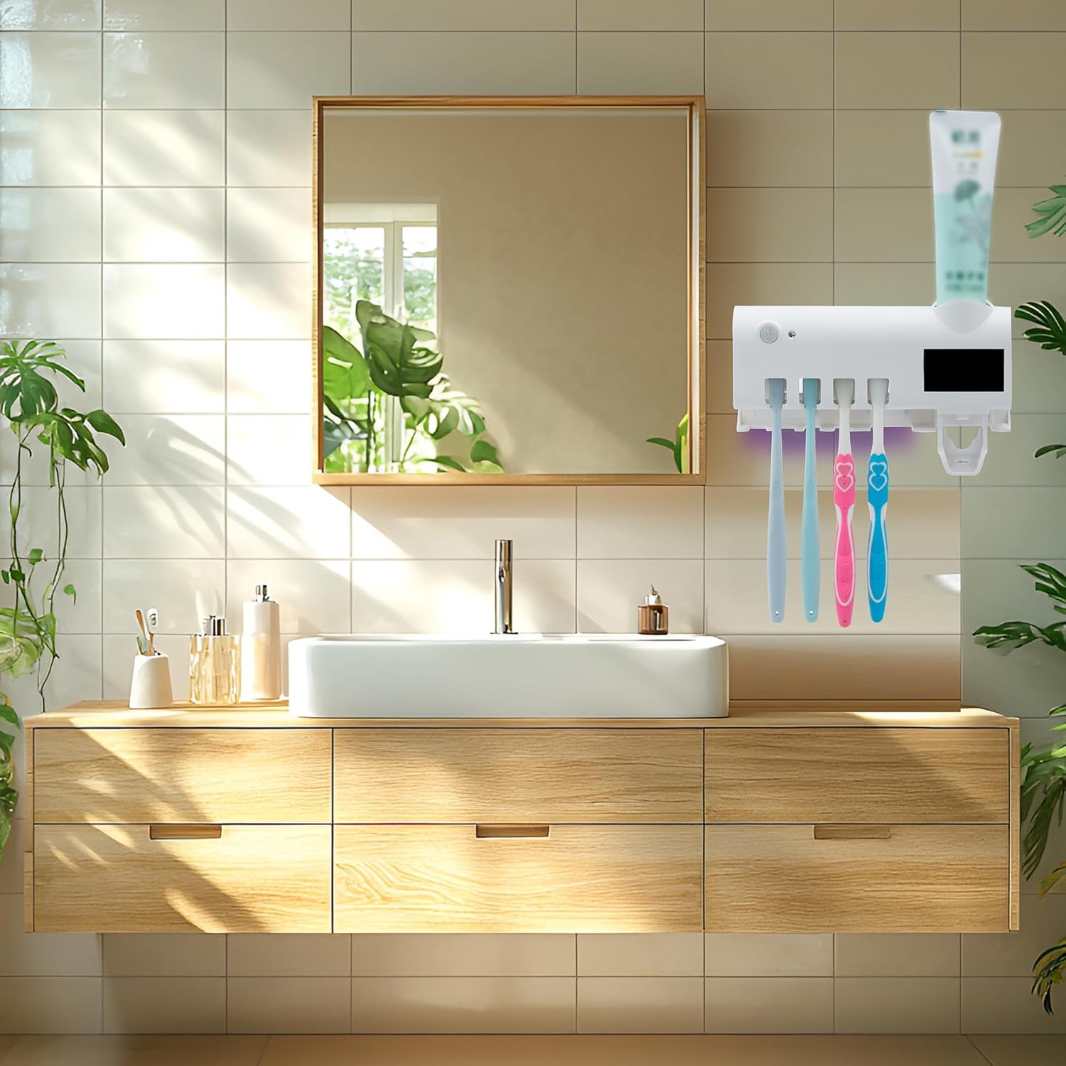 UV Toothbrush Cleaner Wall-Mounted Toothbrush Holder with UV Light and Rechargeable Battery, Helps Reduce Bacteria and Maintain Toothbrush Cleanliness, Smart Timer Function