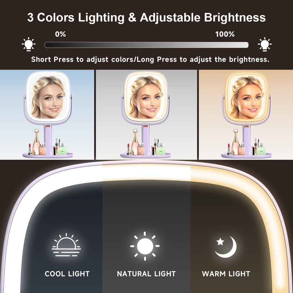 Mocado Makeup Mirror with Lights, 1X/20X Magnifying Mirror with Light, Vanity Mirror with 3 Colors Lights, Height Adjustable Lighted Makeup Mirror, Double Sided 360°Rotation, Memory Function (Purple)