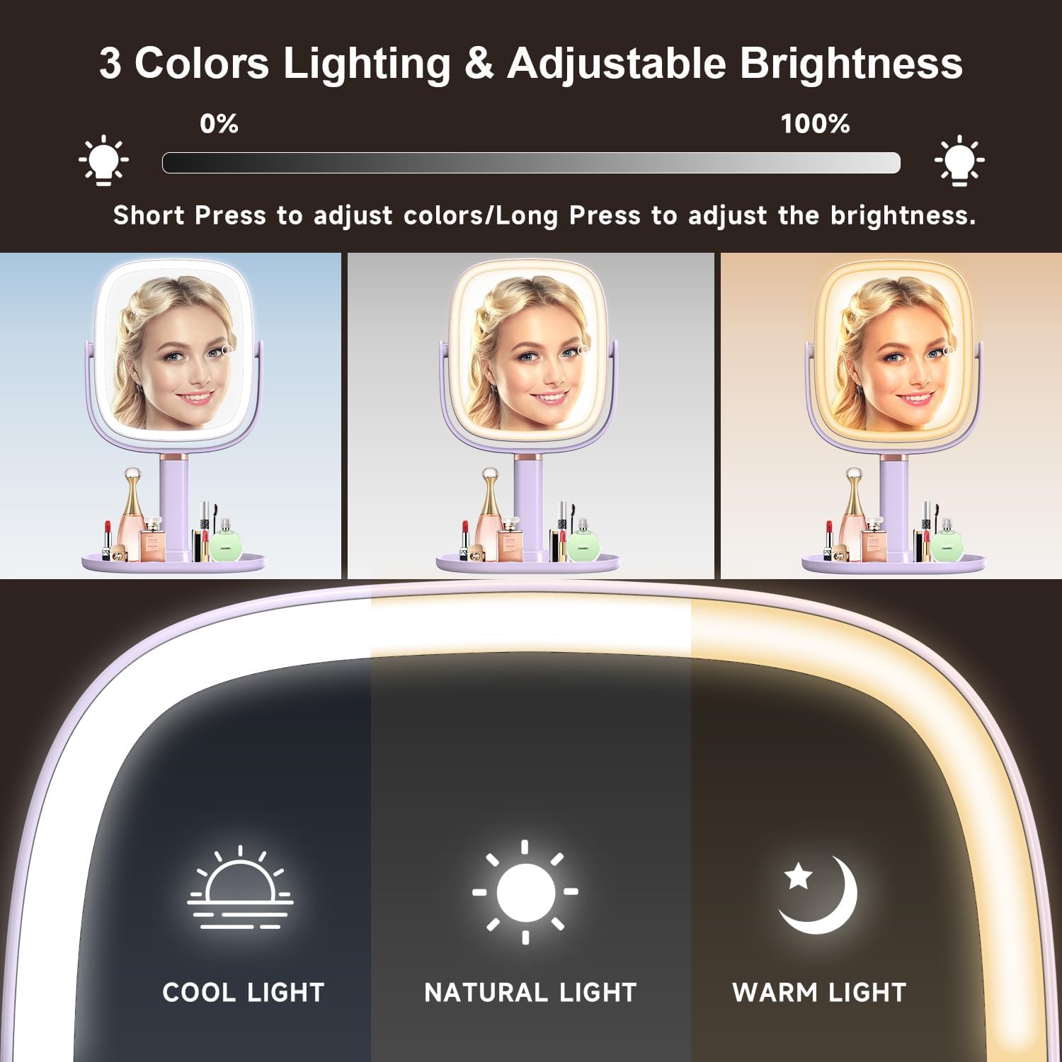 Mocado Makeup Mirror with Lights, 1X/20X Magnifying Mirror with Light, Vanity Mirror with 3 Colors Lights, Height Adjustable Lighted Makeup Mirror, Double Sided 360°Rotation, Memory Function (Purple)