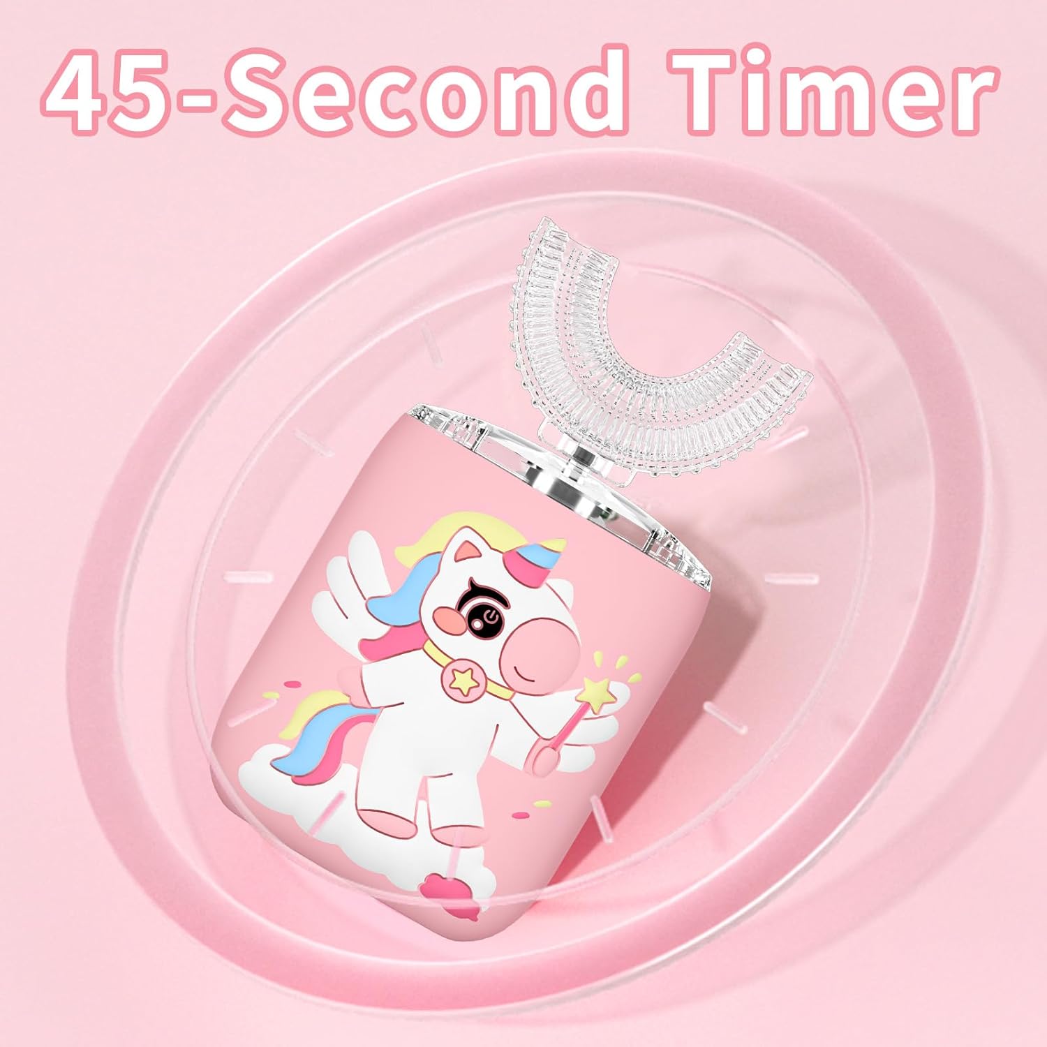 Kids Electric U Shaped Toothbrush Unicorn Rechargeable Sonic Toothbrush with 4 Soft Brush Heads with Kid Toothpaste IPX7 Waterproof - (Age 2-7, Pink)