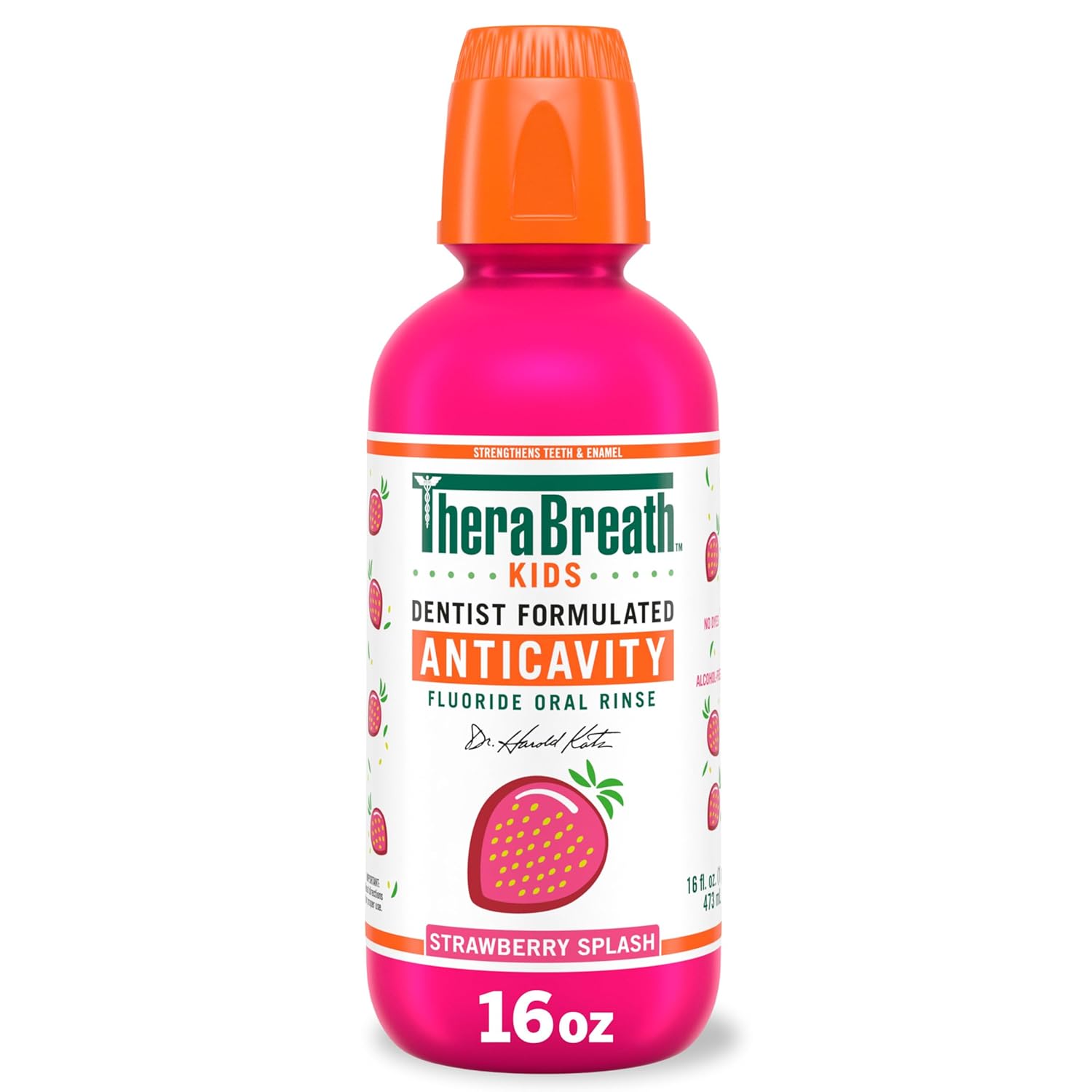 TheraBreath Kids Mouthwash with Fluoride, Organic Strawberry Splash, Anticavity, Dentist Formulated, 16 Fl Oz