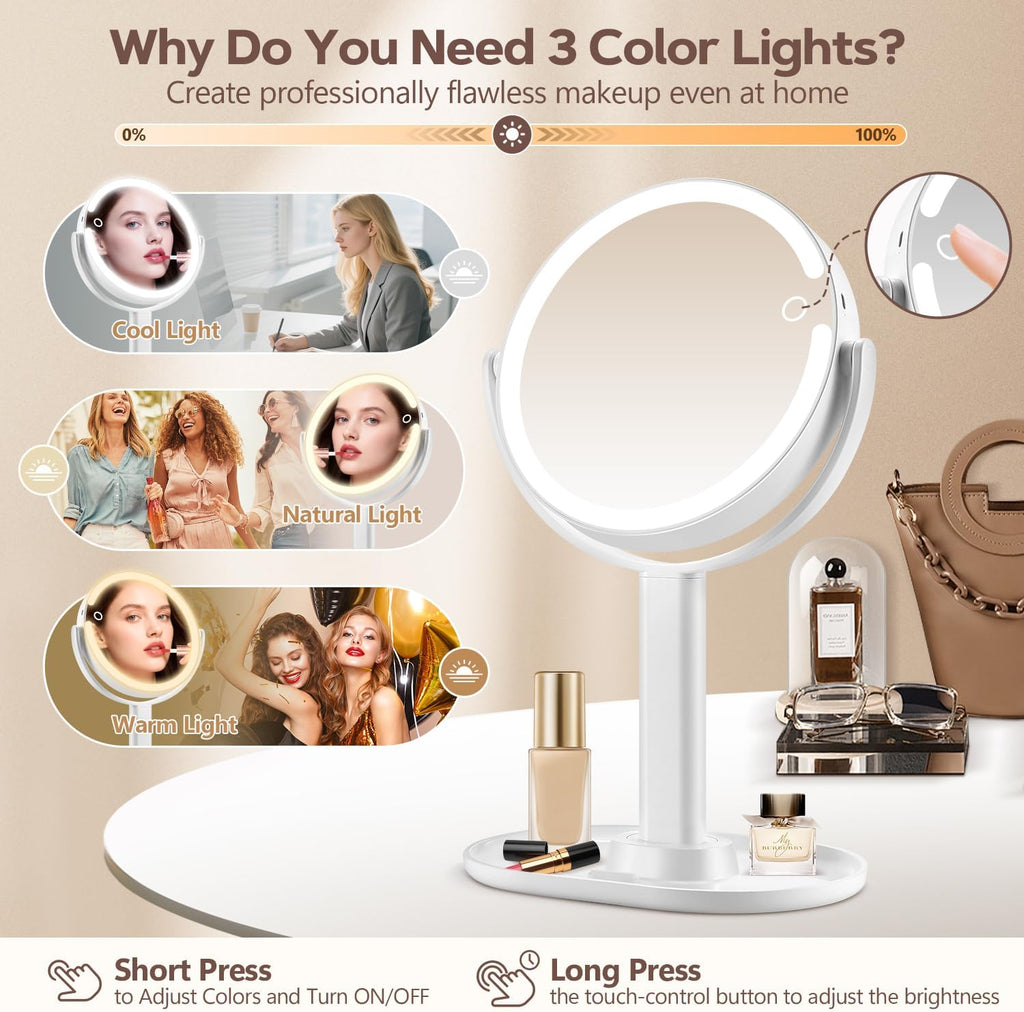 MIYADIVA Makeup Mirror with Lights, 30X Magnifying Mirror with 2-Sided Switch, Vanity Mirror with 3 Colors and Adjustable Brightness, 80 LEDs, Ideal Gift for Daily Makeup and Skincare, 8.8 Inches