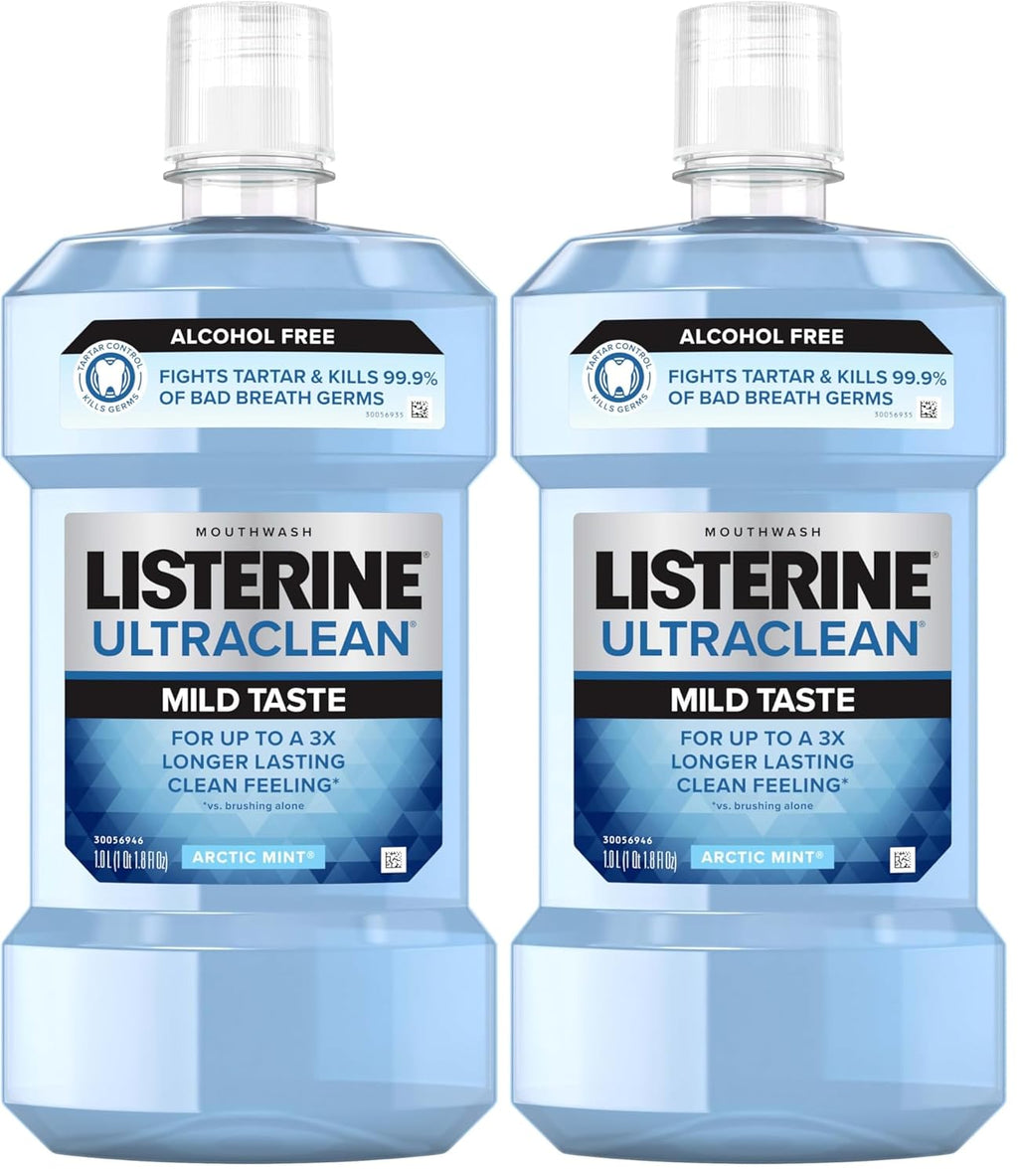 Listerine Ultraclean Alcohol Free Tartar Control Mouthwash, Oral Rinse to Help Fight Bad Breath and Tartar, for Cleaner, Naturally White Teeth, Less Intense Arctic Mint Taste, 1 L (Pack of 2)