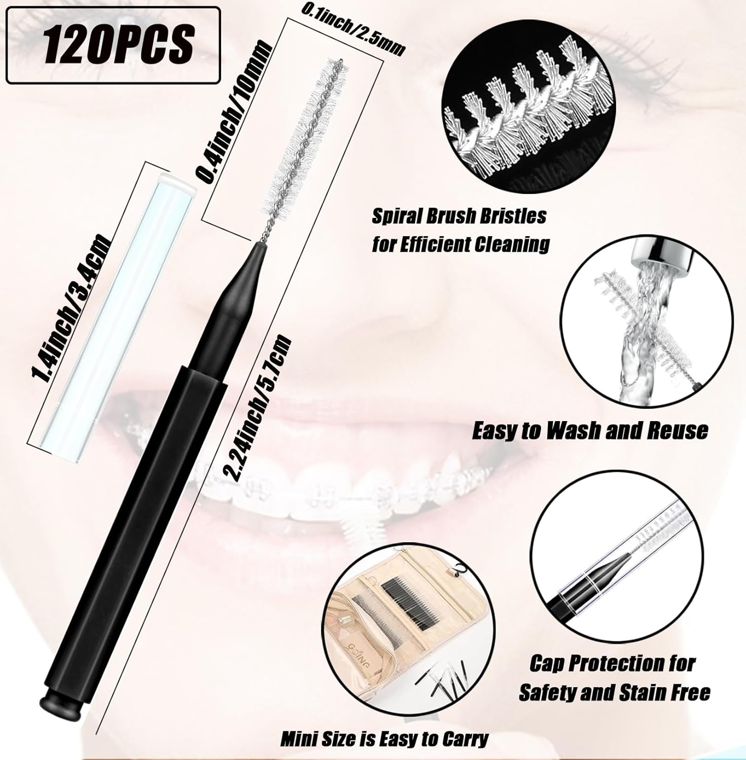 130-Count Interdental Brushes Set - Black & White Orthodontic Cleaning Kit with Spiral Brush Heads, Braces-Friendly Flossers & Toothpicks for Efficient Teeth & Braces Care